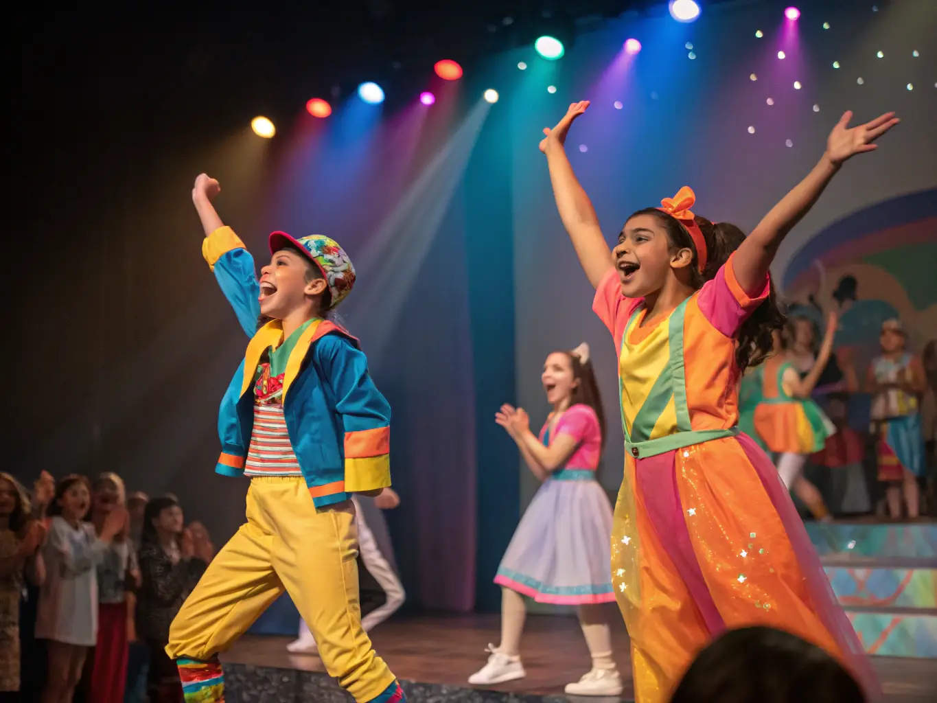 A vibrant photograph capturing a scene from a recent community workshop hosted by COMPAGNIE MIRAGE(S), showcasing participants actively engaged in a theatrical exercise.