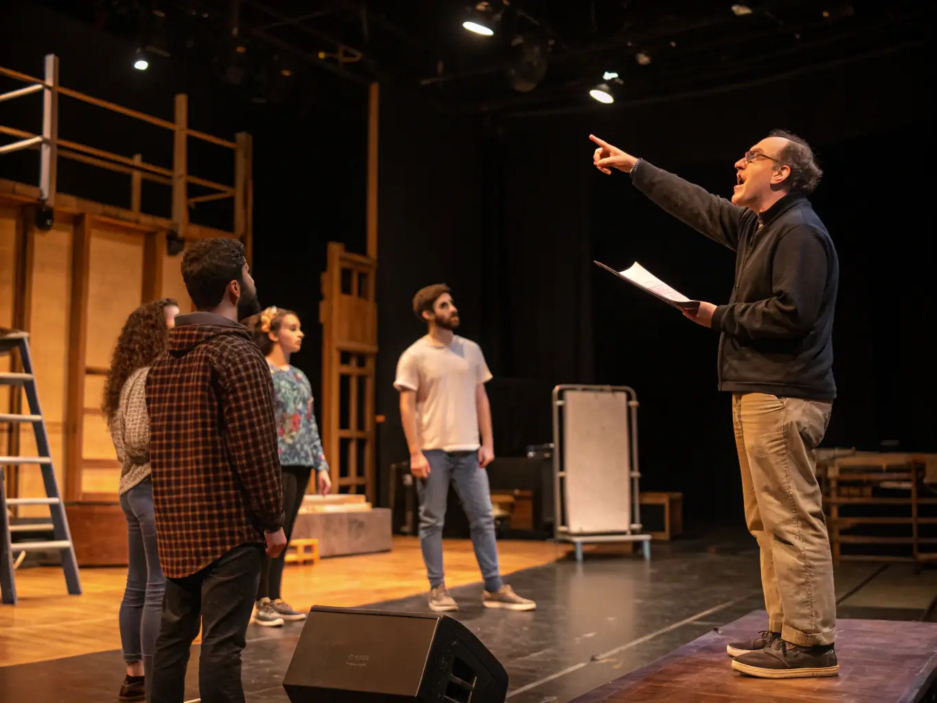 A dynamic image of actors rehearsing for a contemporary play, highlighting the dedication and artistry involved in bringing innovative theater to life.
