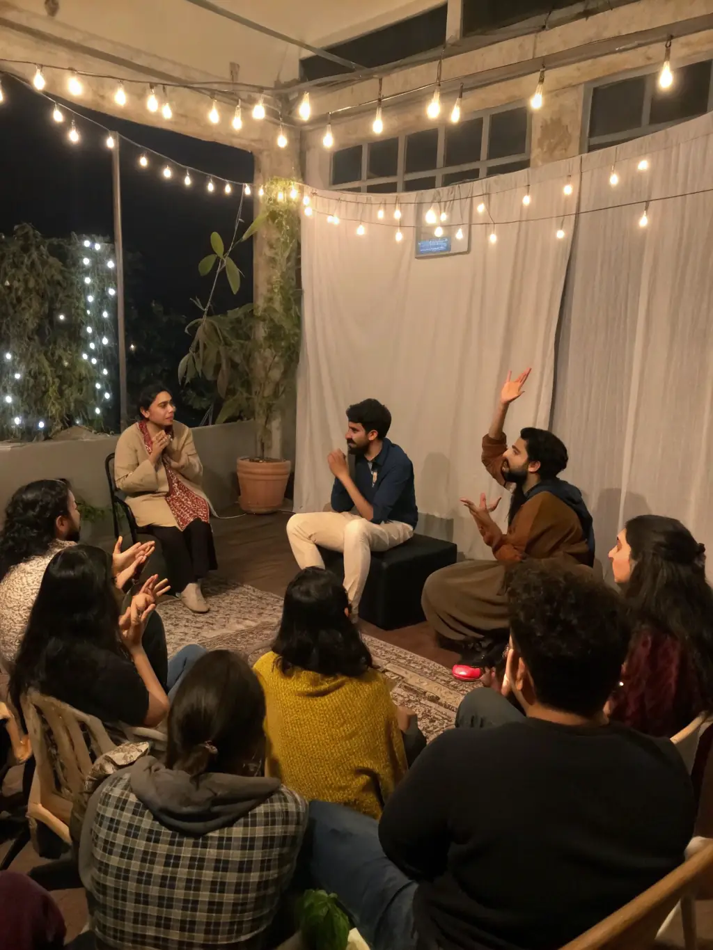A photo of a post-performance discussion with the audience, featuring members of COMPAGNIE MIRAGE(S) engaging in a thoughtful conversation about the themes and interpretations of the play.