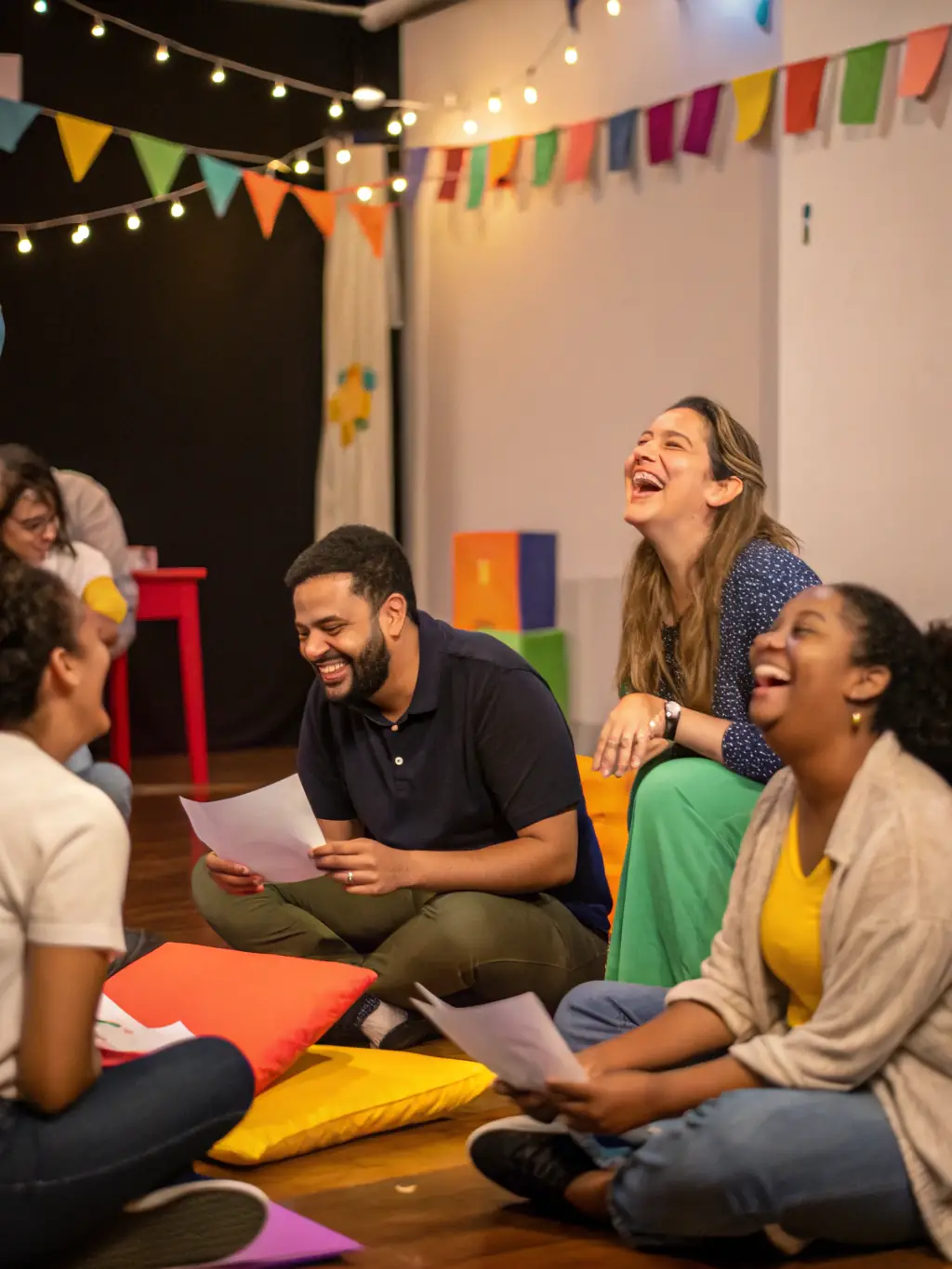 A photograph capturing a scene from a community workshop led by COMPAGNIE MIRAGE(S), showing participants actively engaged in a theater exercise, fostering collaboration and creativity.